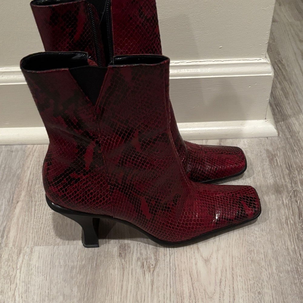 Franco Sarto Red Snake Print Heeled Boots - Picture 3 of 5